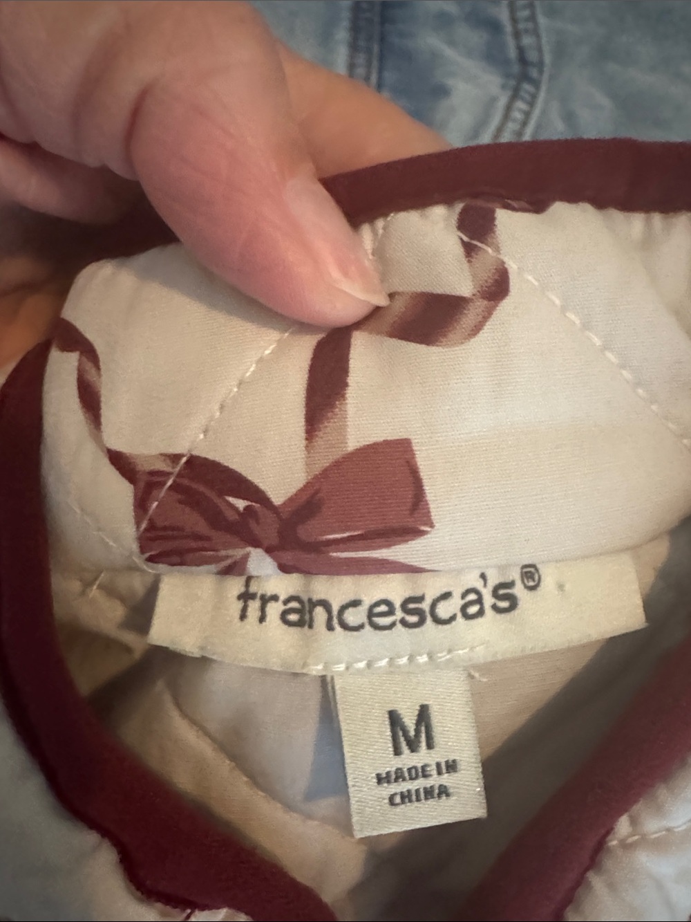 Quilted Cream Jacket with Burgundy Ribbon Pattern - Picture 4 of 5